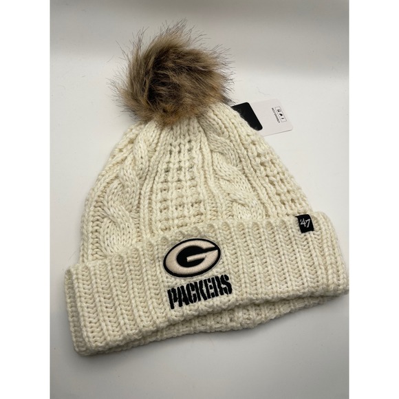 Green Bay Packers 47 Brand NFL Women's White Knit Cuffed Pom Beanie Hat NWT - Picture 1 of 7